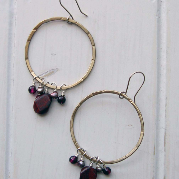 Hammered brass hoops with jasper, garnet and pearl