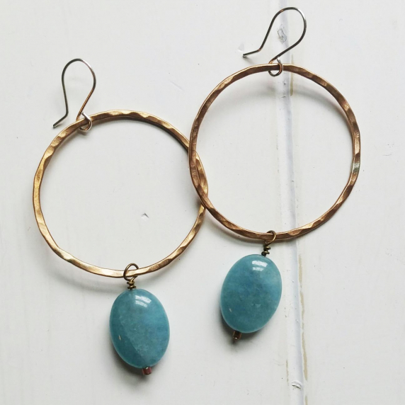 bronze hoops, aquamarine