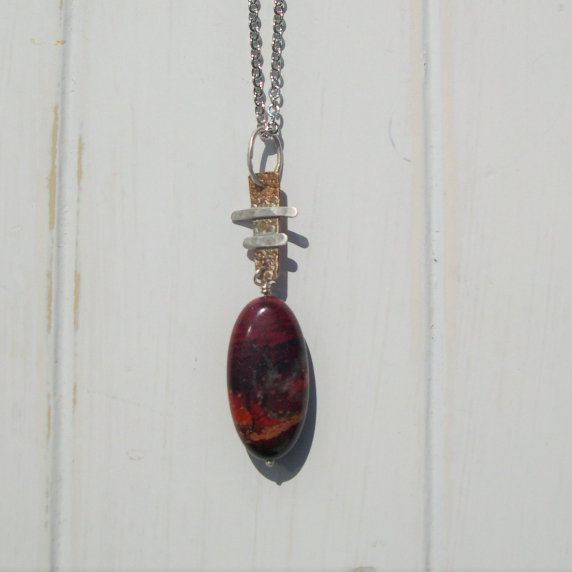 Bronze and sterling pendant with red jasper drop