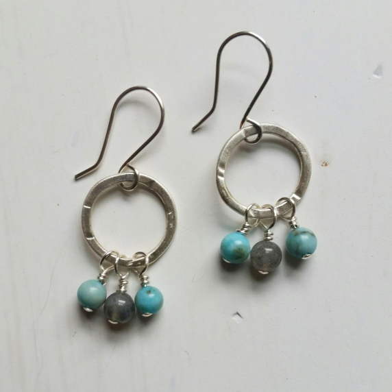 Sterling hoops, turquoise, labradorite