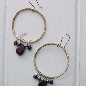 Hammered brass hoops with jasper, garnet and pearl